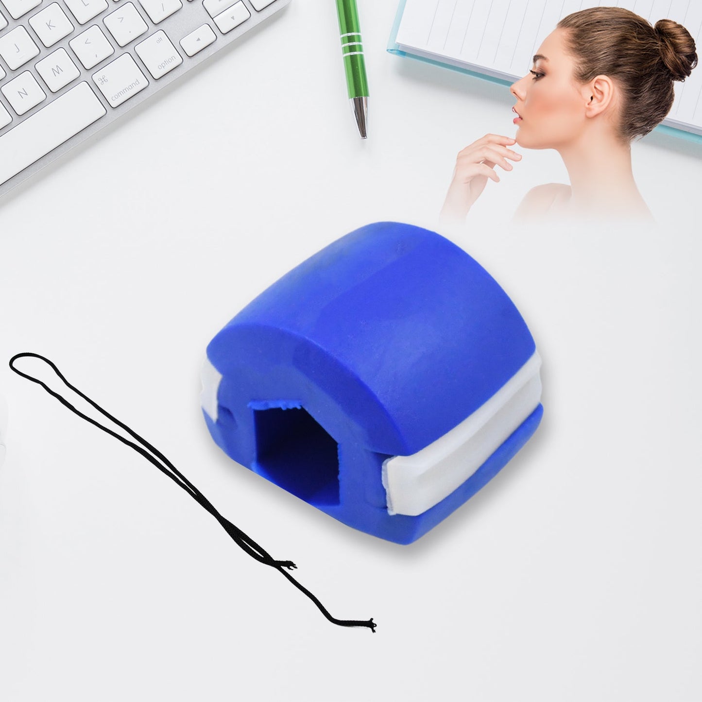 Top-down view of the dark blue Jawline Exerciser against a light background.