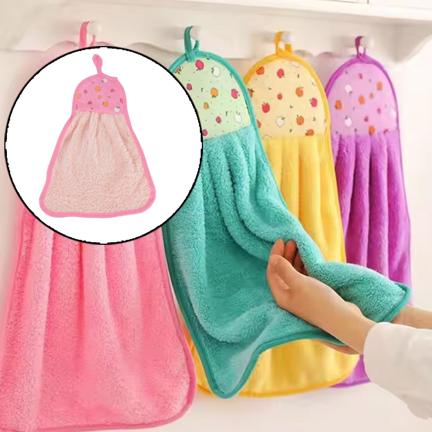 Stack of folded microfiber kitchen towels with hanging loops