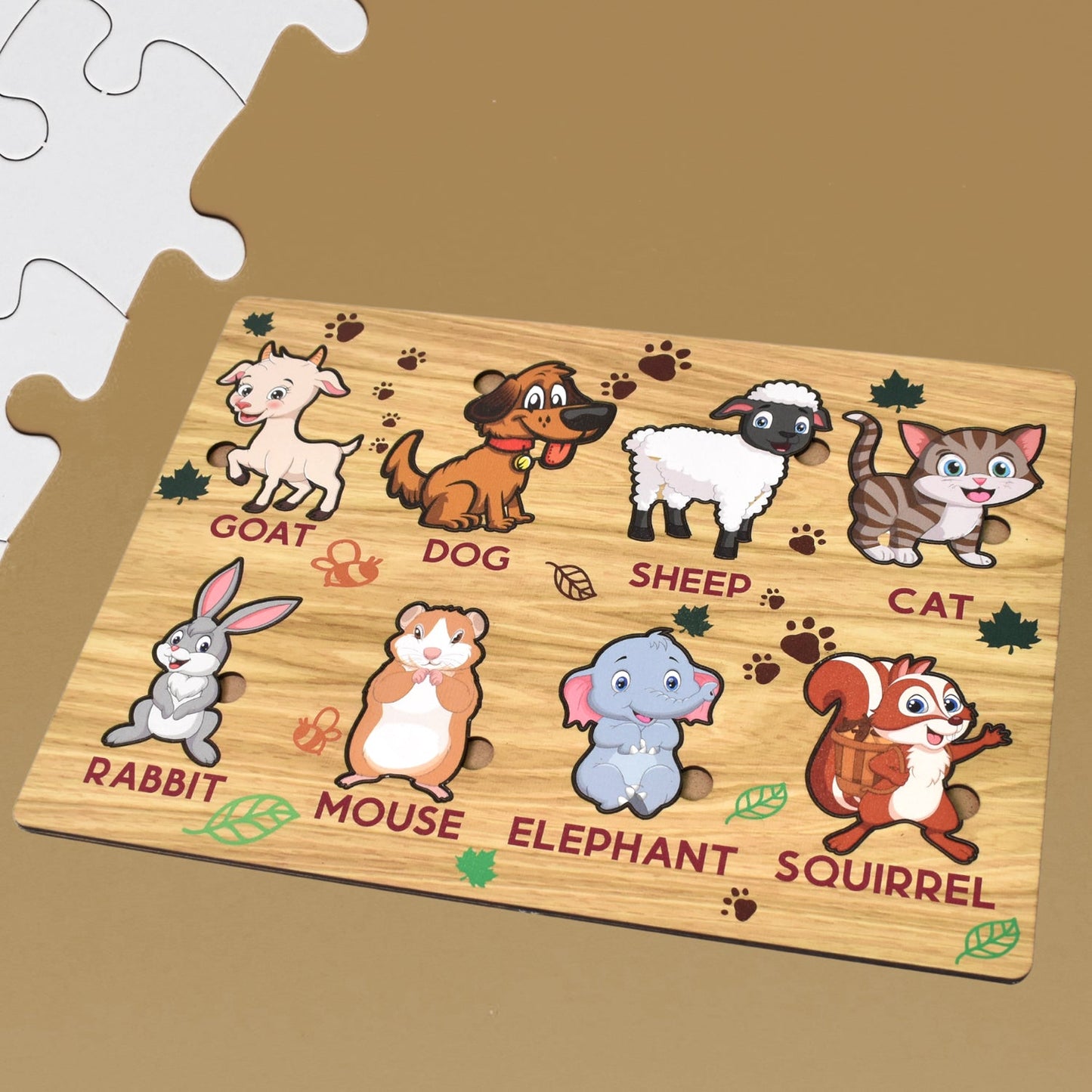 Detailed view of wooden puzzle board pieces with ergonomic knobs