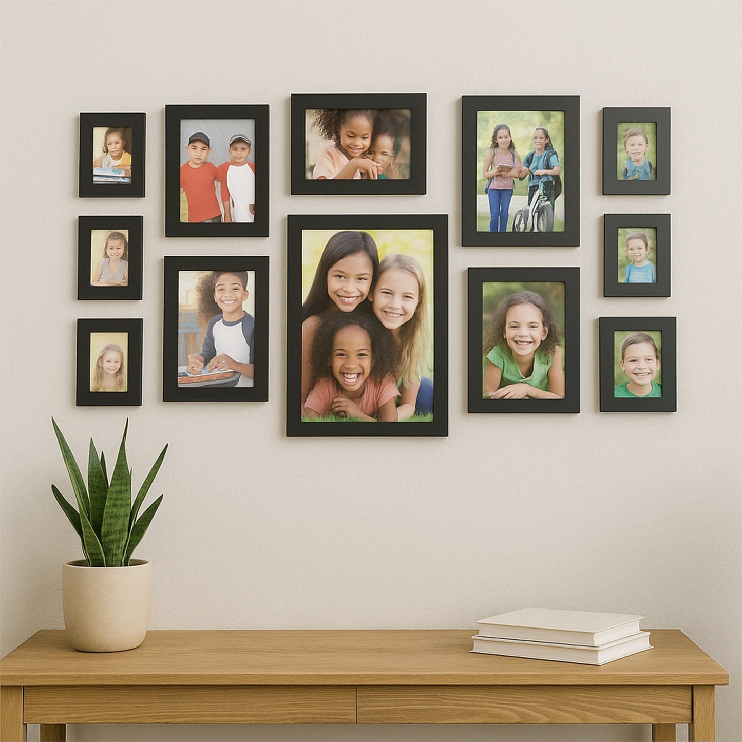Black photo frames in various sizes from the 12-piece wall hanging set