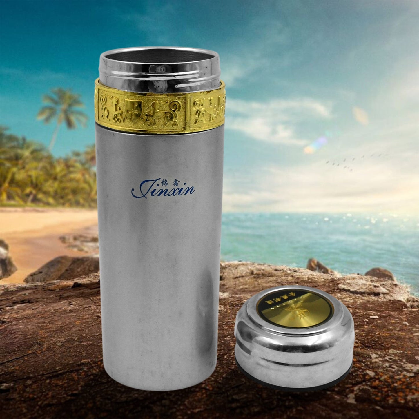 A sleek 350ml stainless steel water bottle with a grey cap, presented on a minimalist white background.