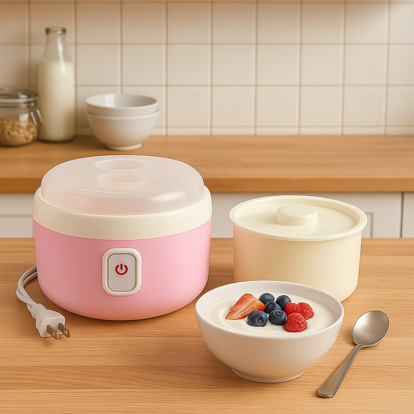 Indo Glow Electric Yogurt Maker with a 1 Litre BPA-free plastic container, ready for use.