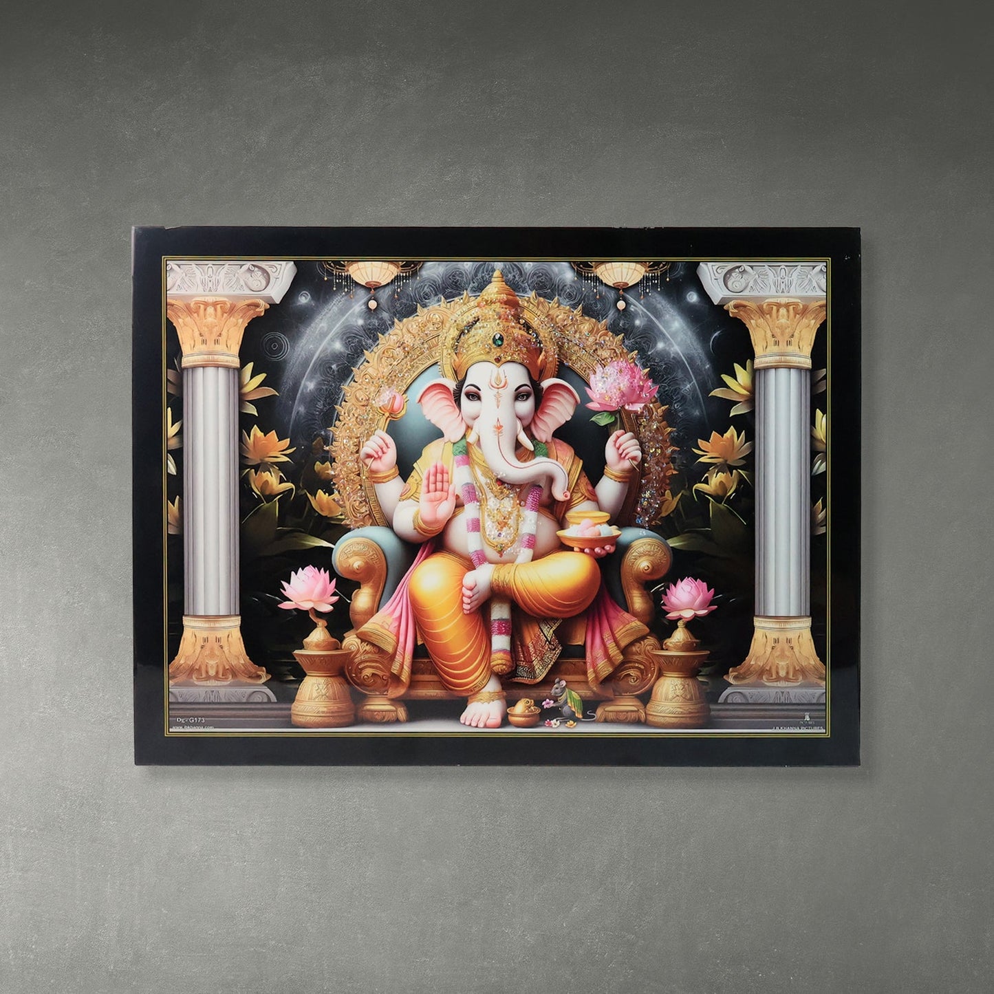 Detailed view of wooden frame surrounding the Lord Ganesha Wall Painting