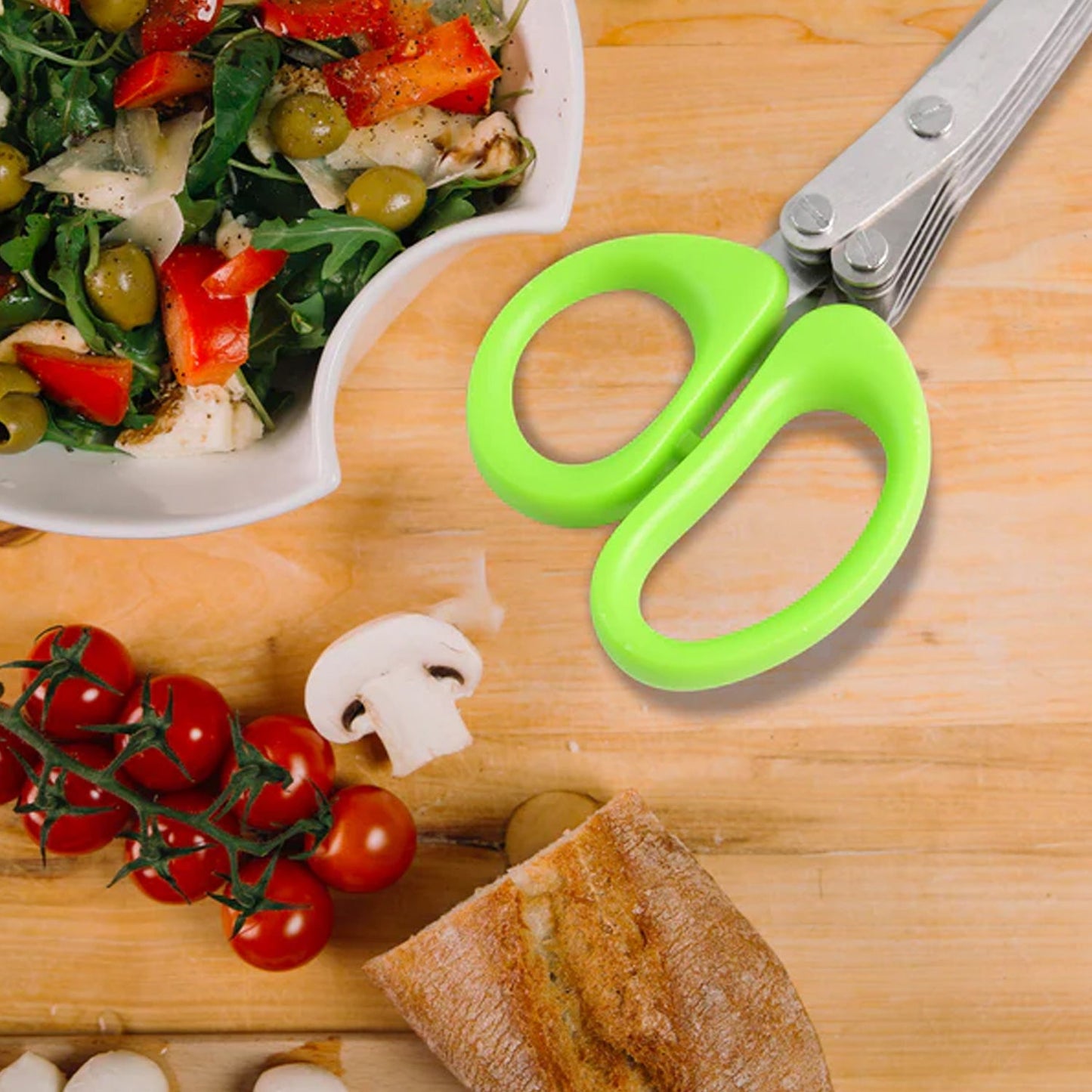 3-blade kitchen scissors shown alongside included cleaning comb accessory