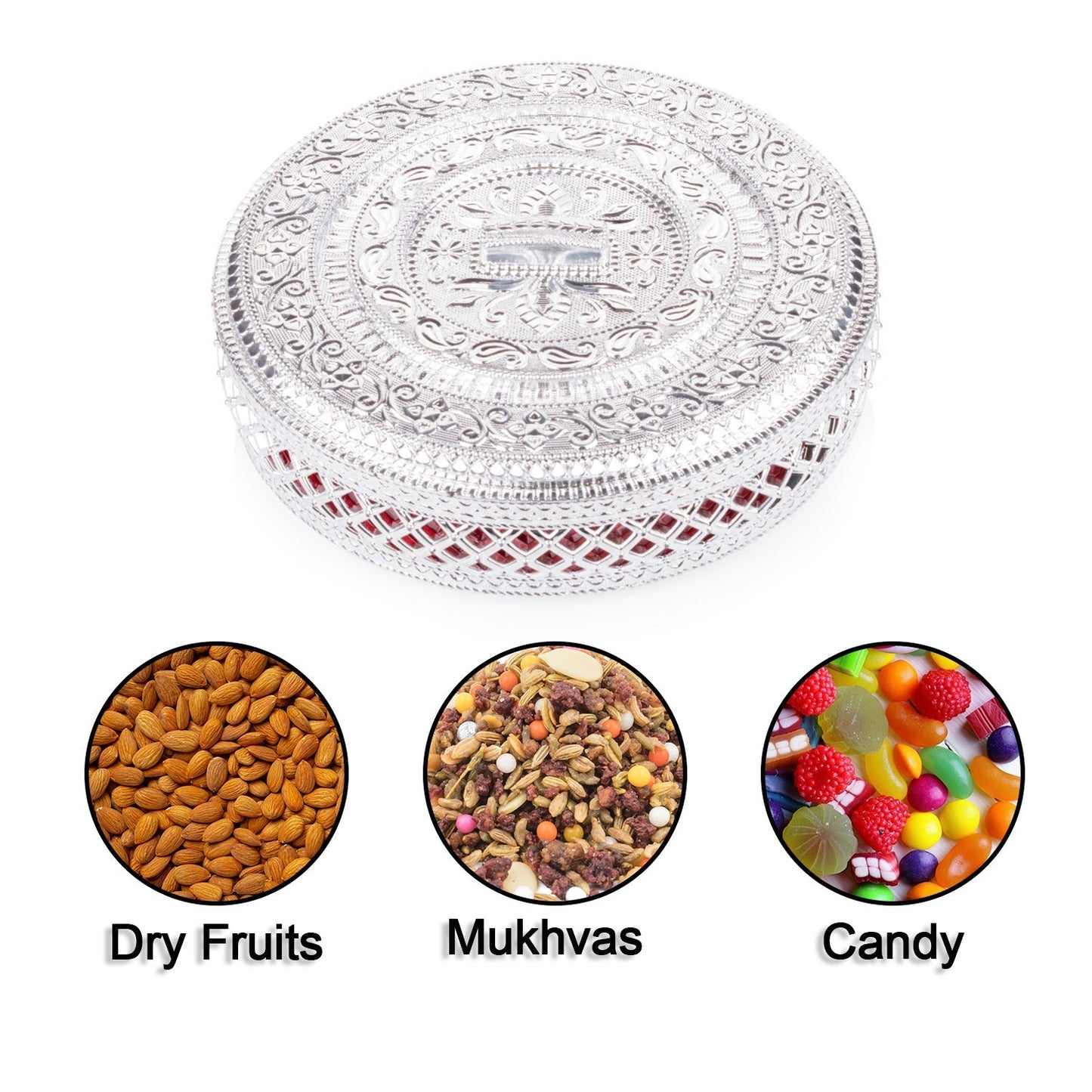The versatile dry fruit box displaying its three sections and tray.