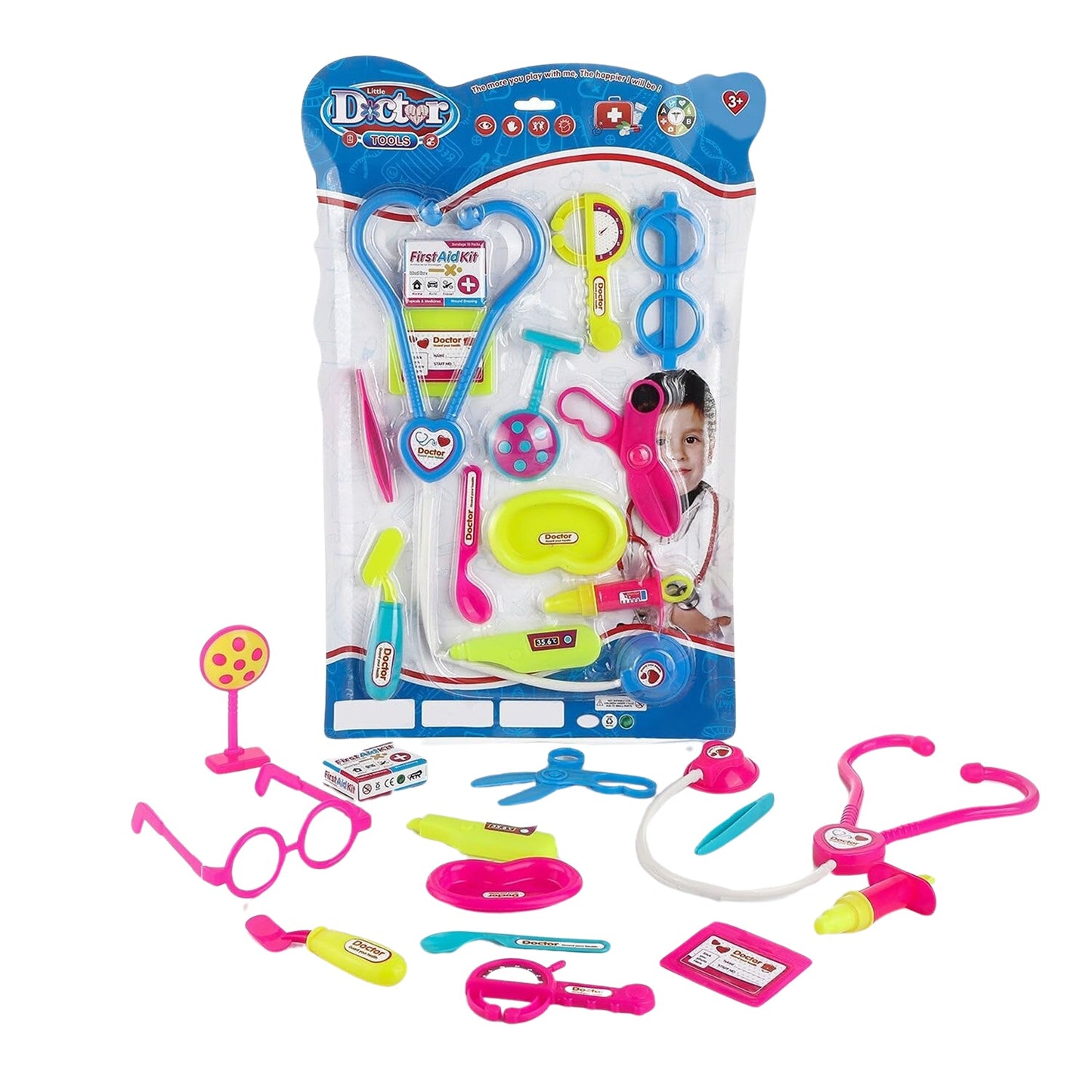 Various toy medical instruments from the multicolour Kids Doctor Set, encouraging learning.