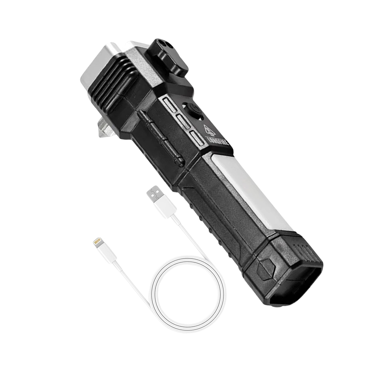 Bright LED torch illuminating an outdoor camping scene, perfect for night adventures.