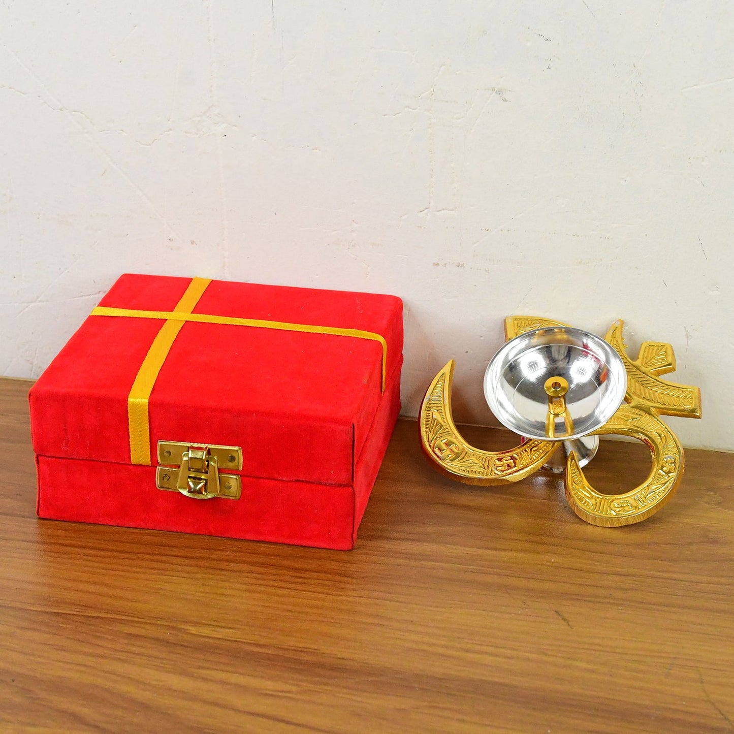 Brass Oil Diya lamp featuring a silver-polished bowl and golden polish