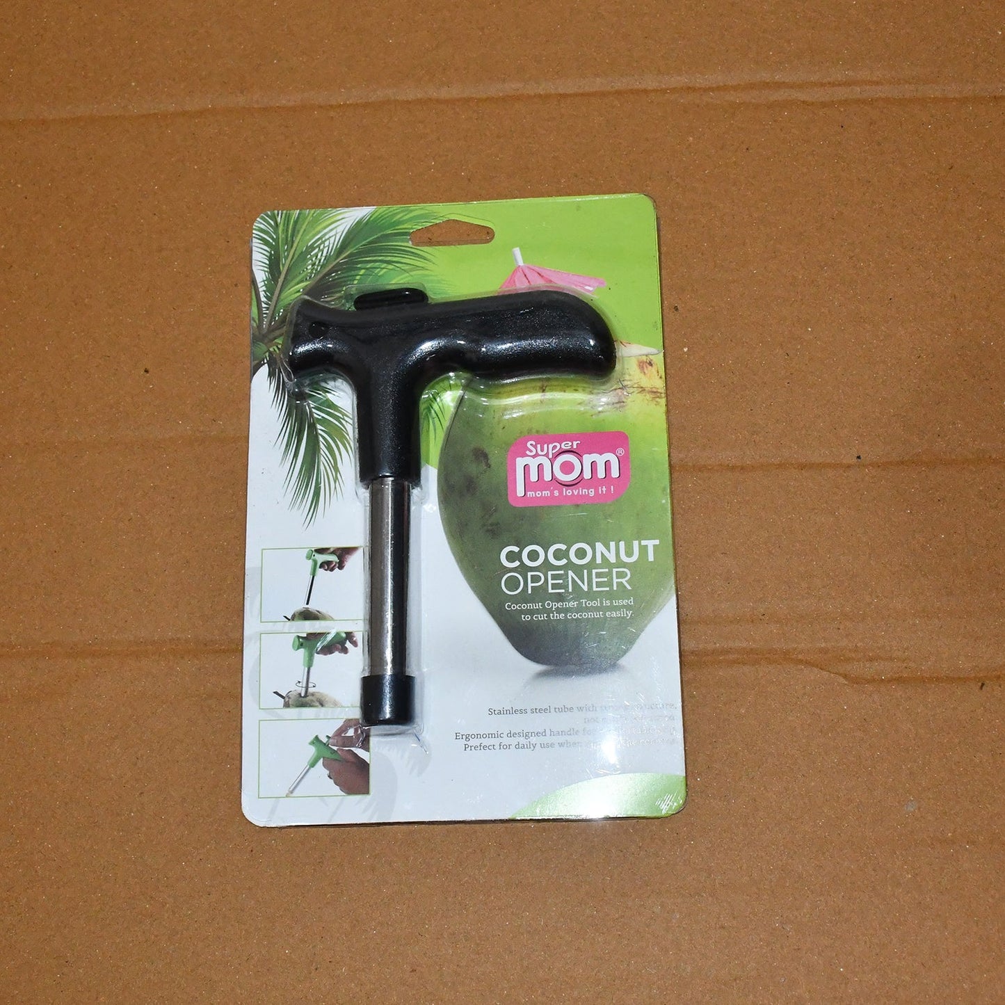 Steel and plastic coconut opener tool designed for safe coconut piercing