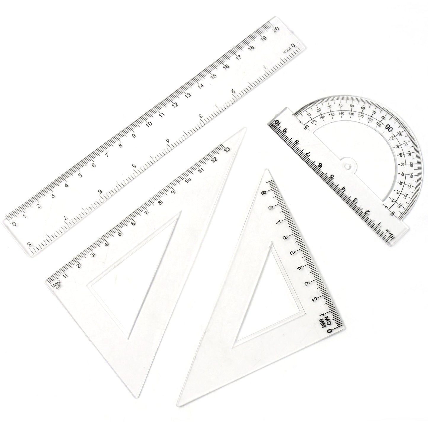 Triangle scale and protractor in clear plastic geometry measurement set