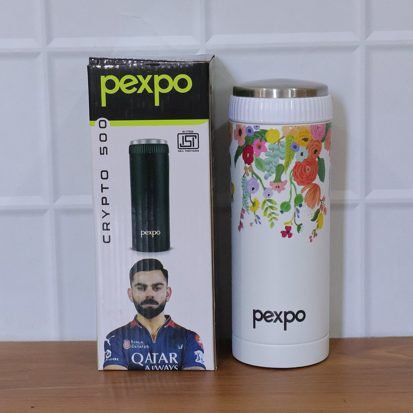 Back view of Pexpo insulated stainless steel water bottle
