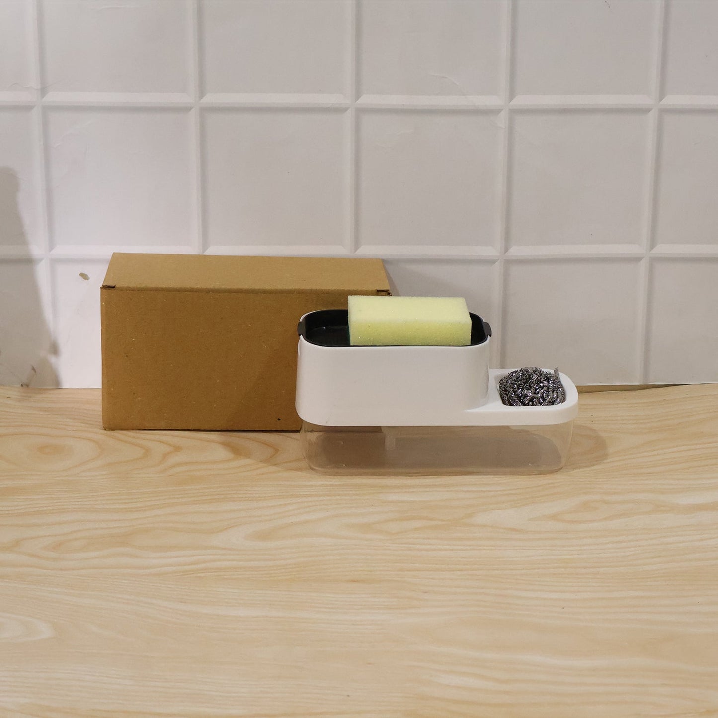 Different angle view of dish soap dispenser and sponge holder set