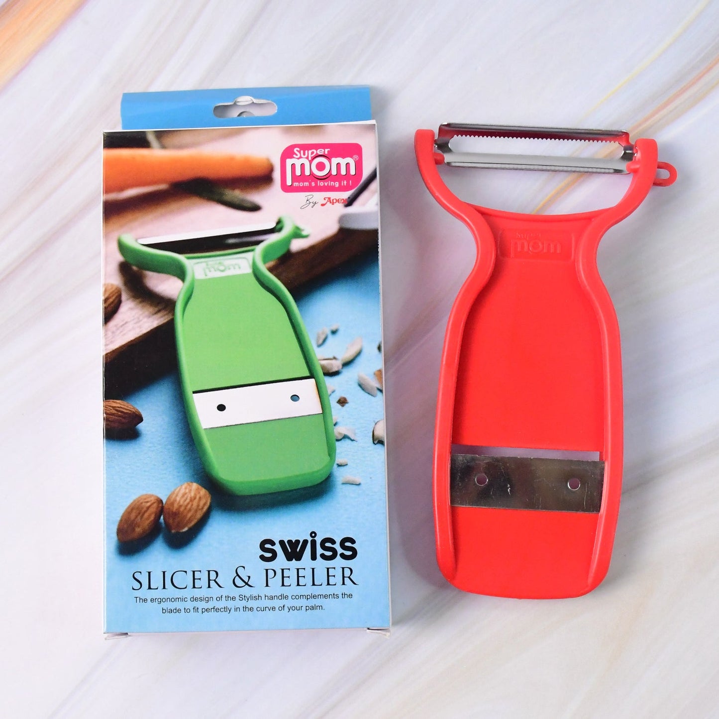 Stainless steel 2-in-1 vegetable peeler and slicer ready for kitchen use