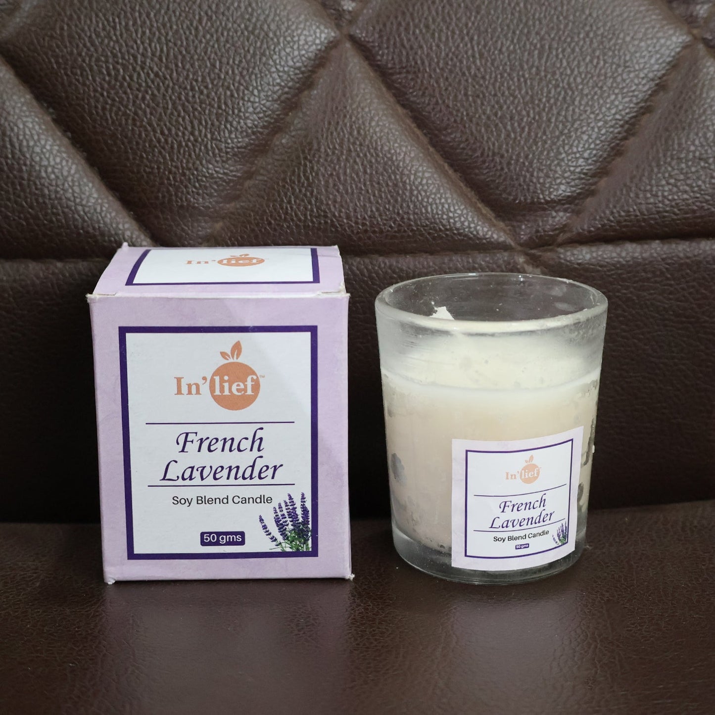 Packaging detail showcasing French Lavender soy candle branding