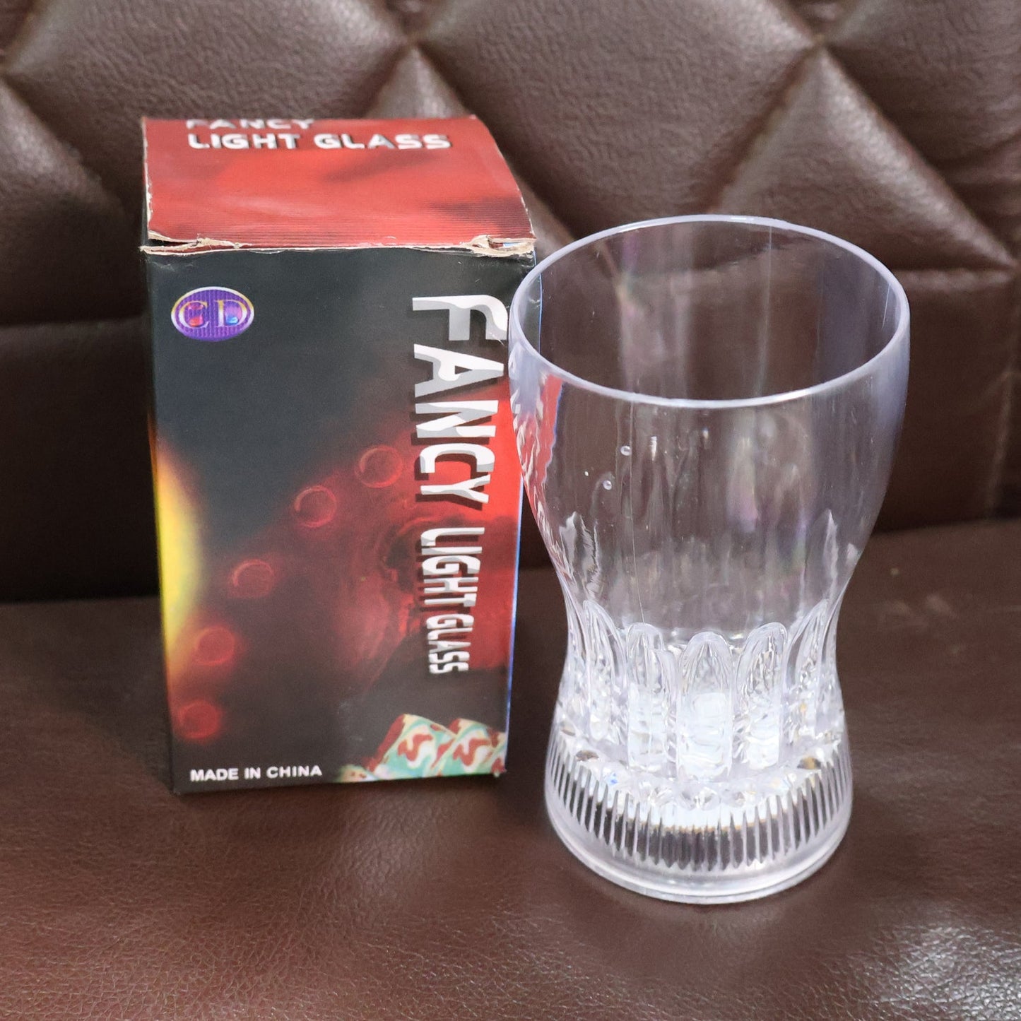 Packaging box of the LED Light Glass highlighting product features.