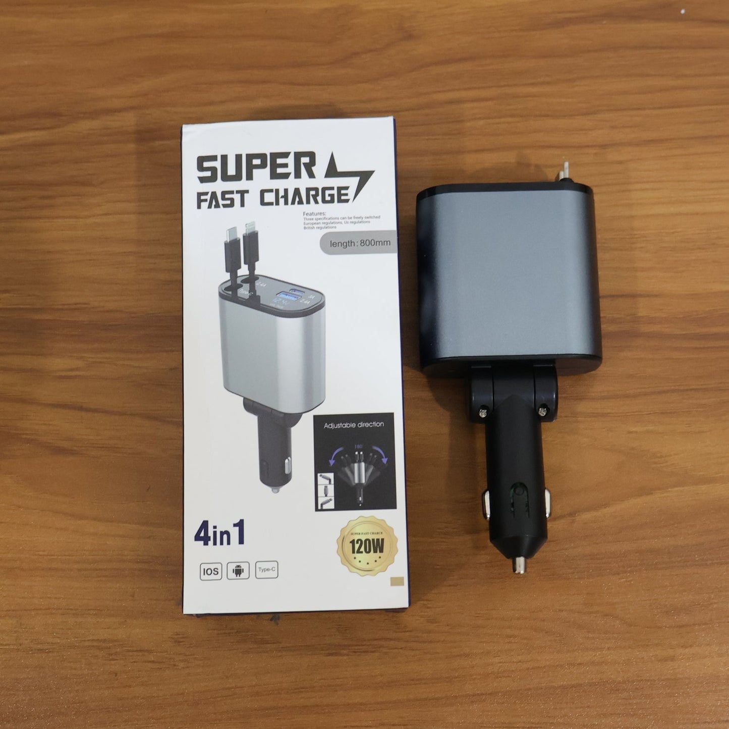 Side view of 4-in-1 car charger with built-in cables and USB ports