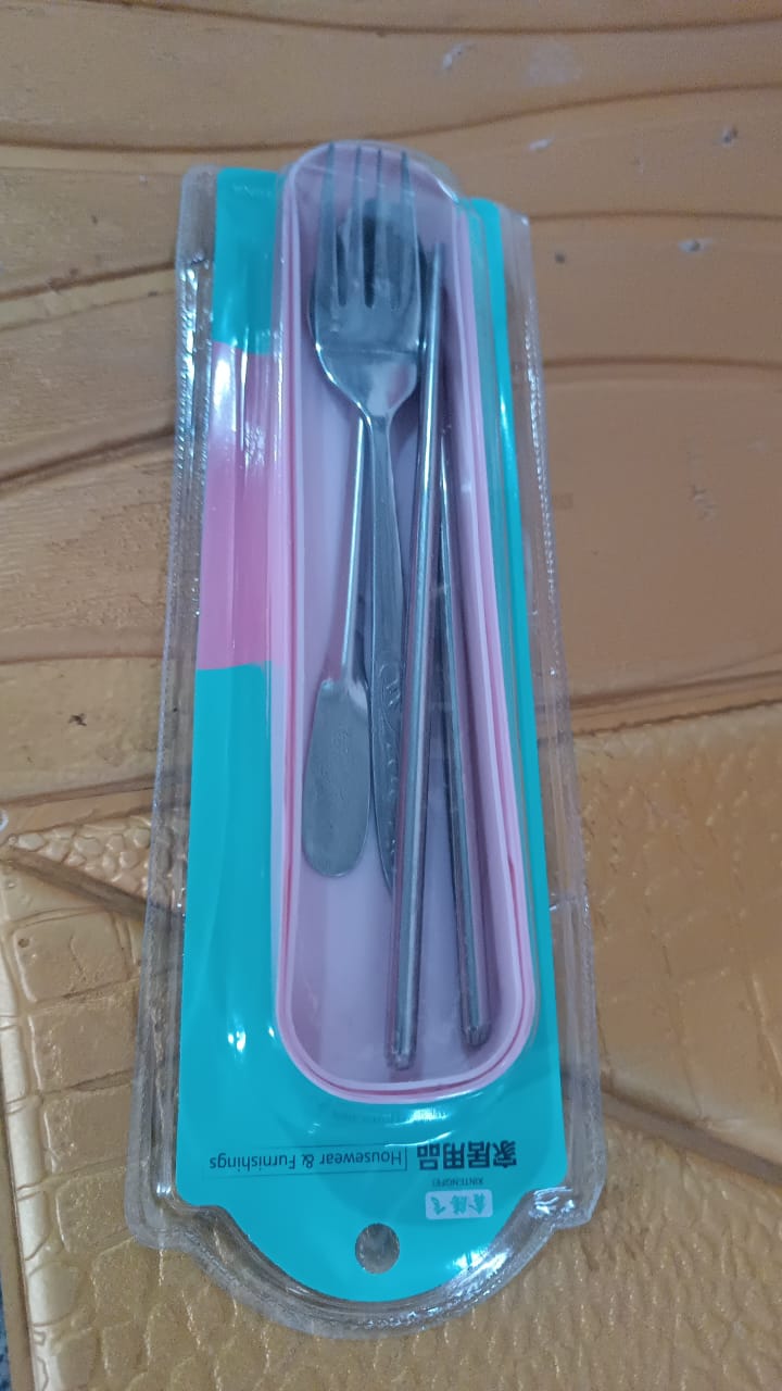 Portable stainless steel cutlery set components neatly arranged in their travel case