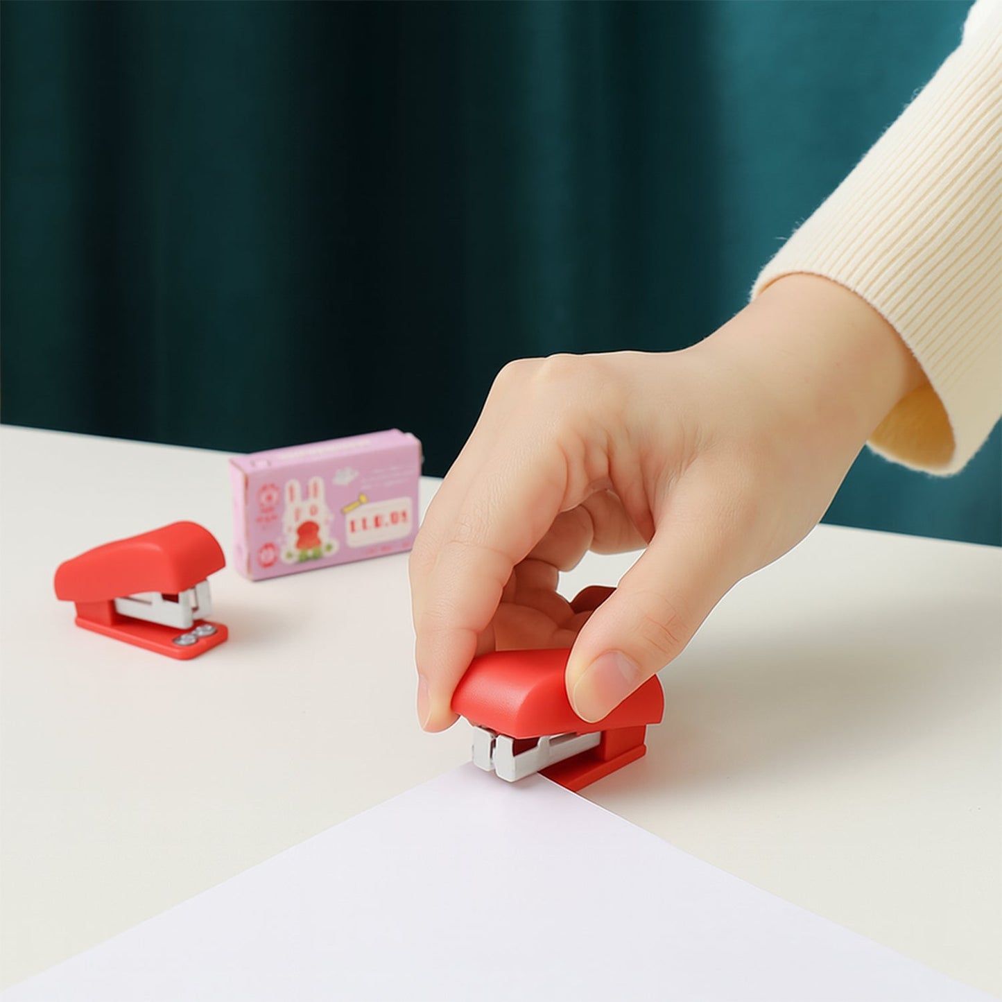 Packaging for the FiloDesk mini stapler set, showing product details.