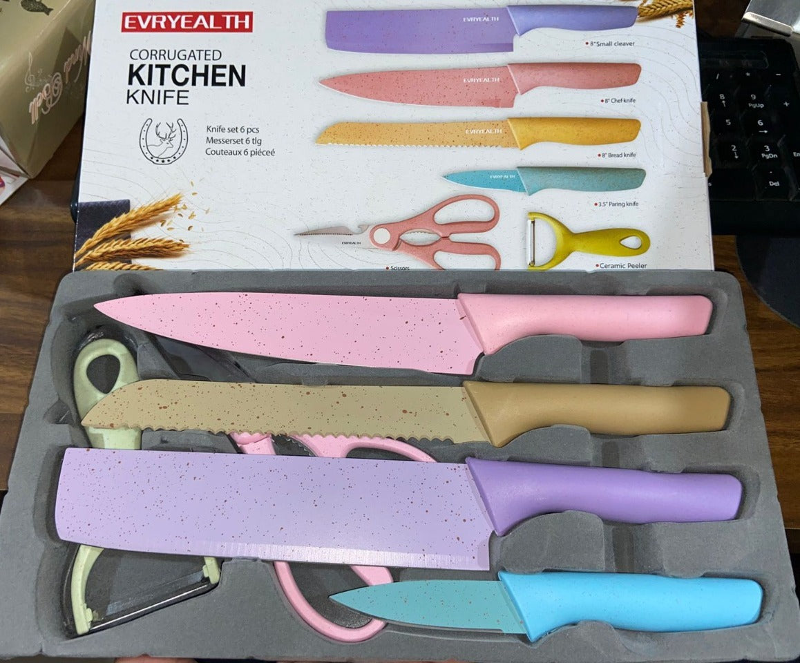 Full 6-piece kitchen knife and tool set laid out for display