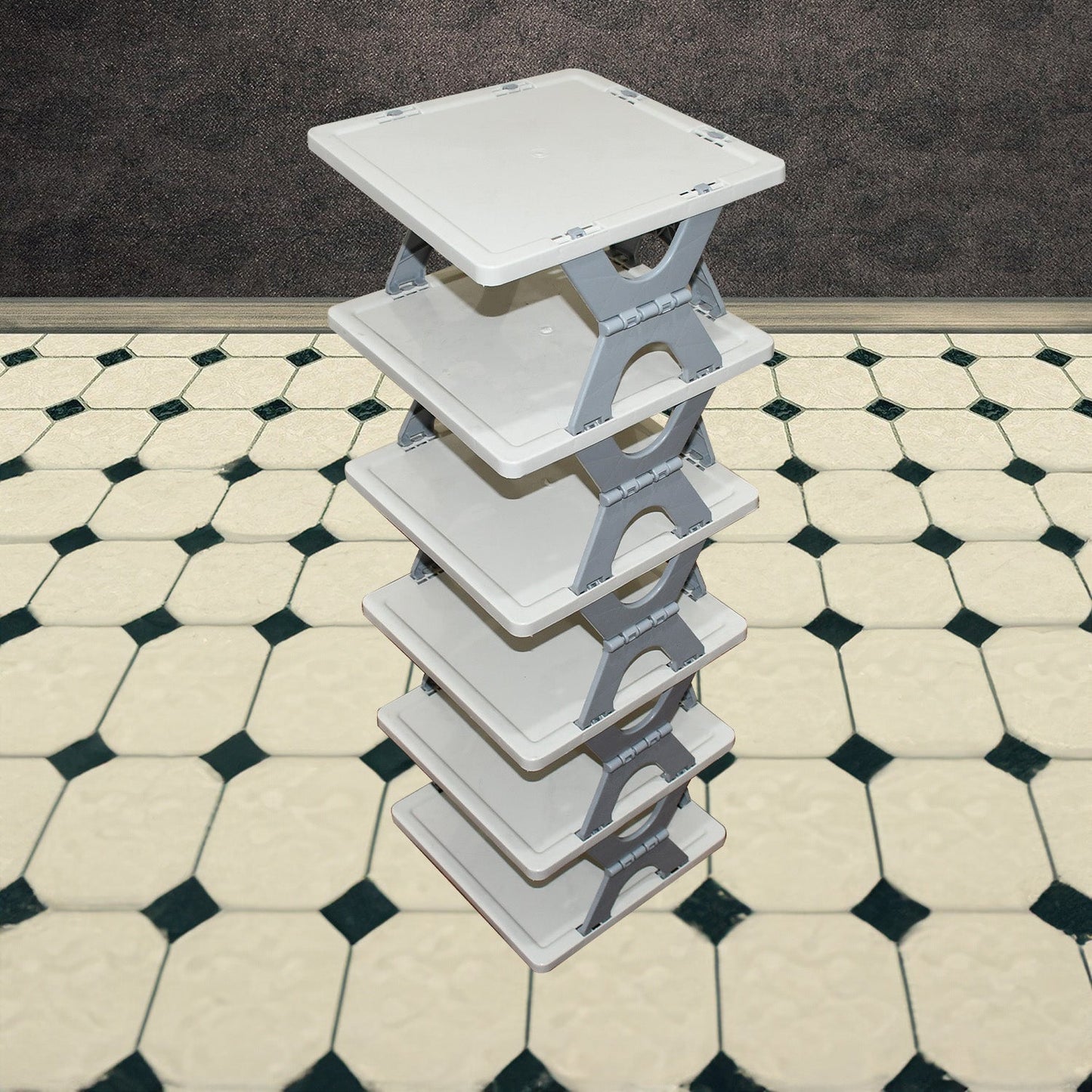 Side view showcasing the sturdy ABS construction of the 6-layer shoe rack.