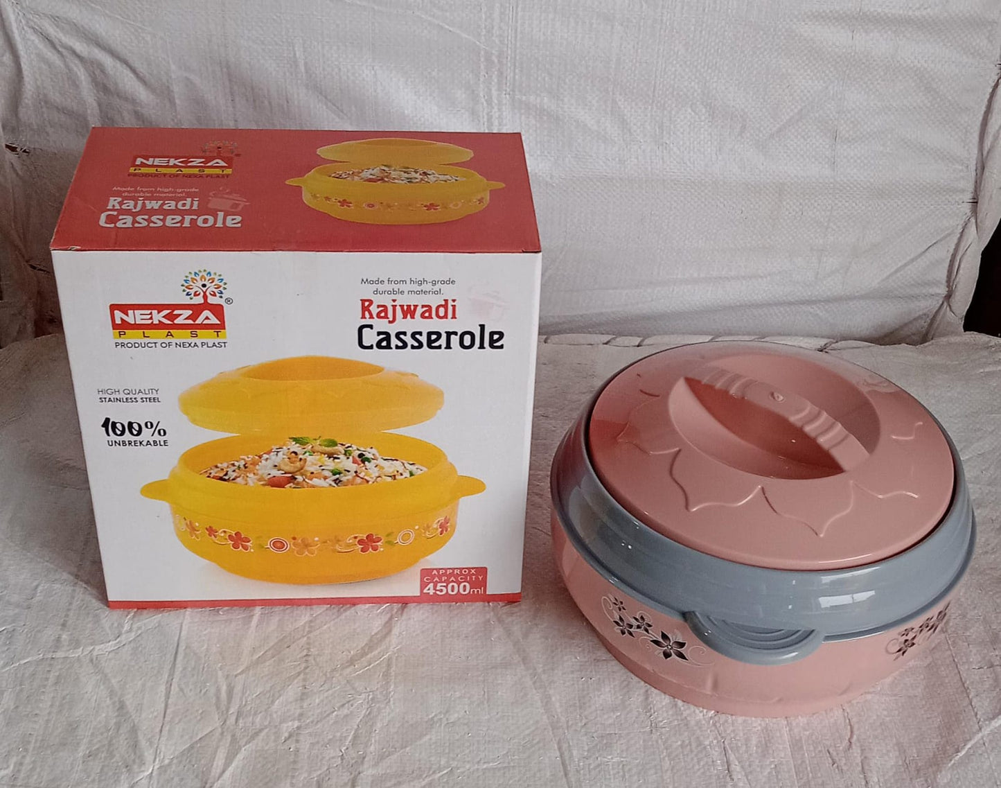 Complete view of the floral steel insulated casserole, designed for freshness.