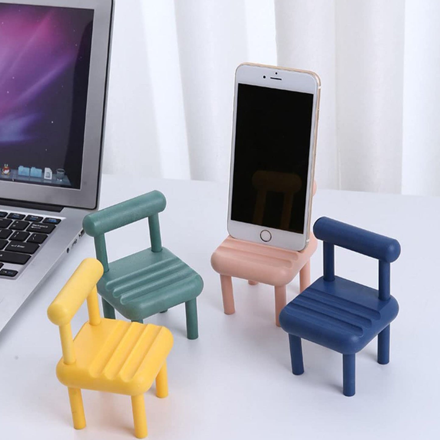 Stylish mini chair phone holder, perfect for hands-free viewing and video calls.