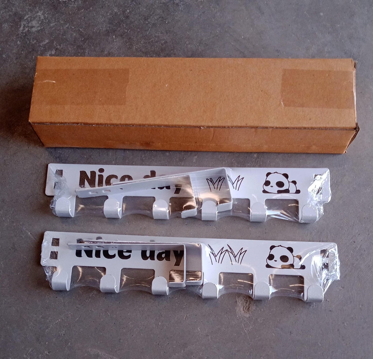 White over door hook rack with six hooks and panda design for space-saving home organisation