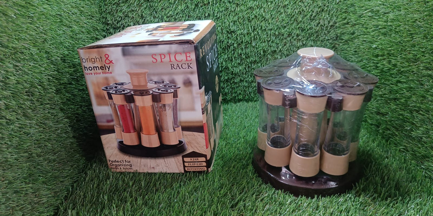 Top-down view of the revolving spice rack, demonstrating its circular design and organized spice jars.