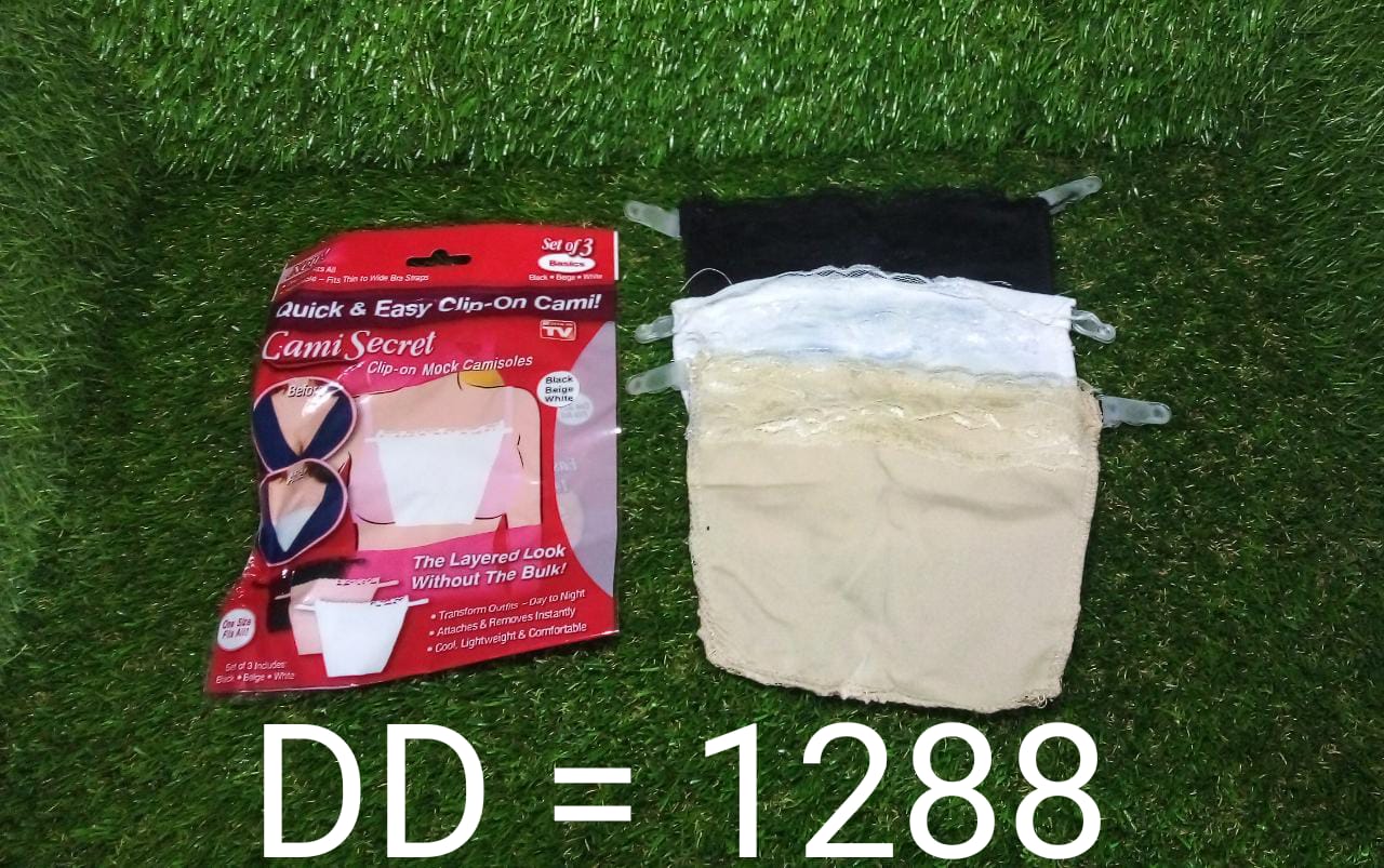 Display of three clip-on camisoles with packaging