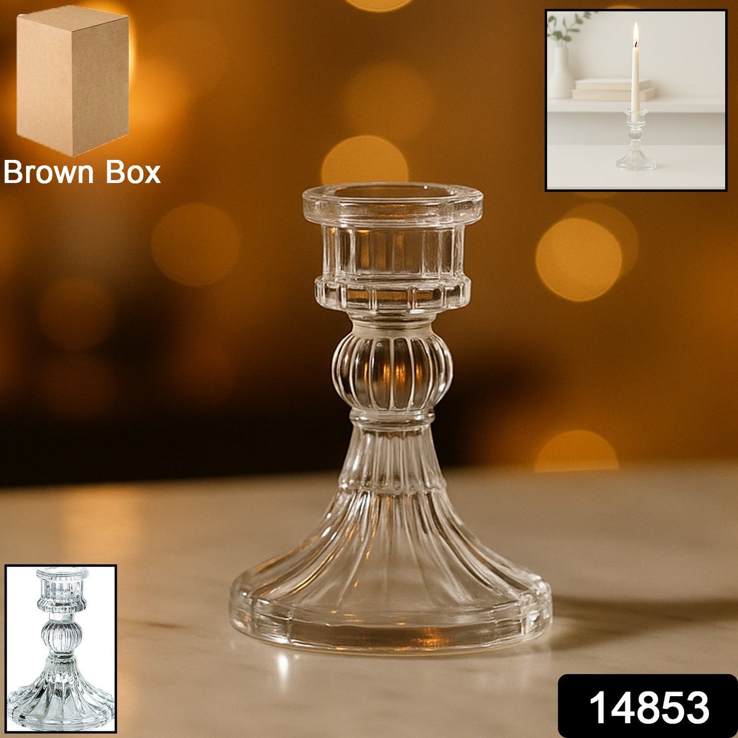 Close-up of transparent glass candle holder with classic pillar design