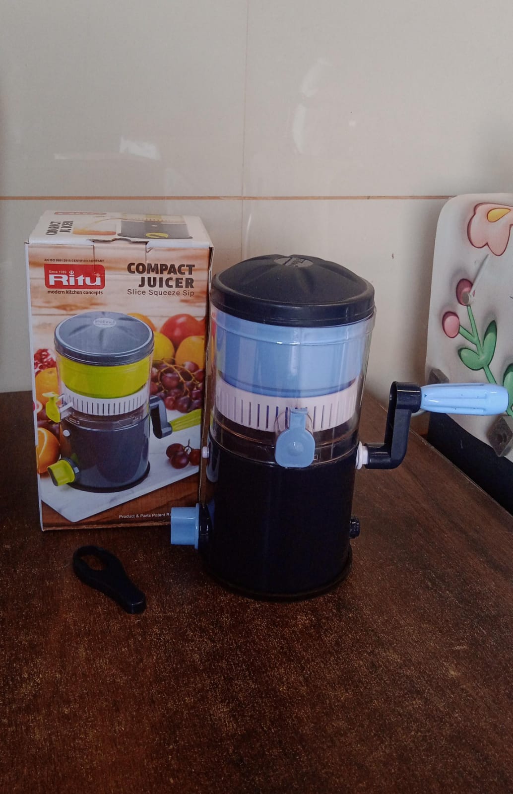 Ritu manual juicer placed in kitchen setup, ready for fresh juice