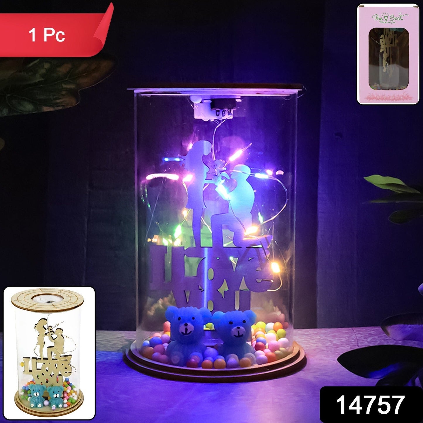 Colorful LED Light Showpiece featuring couple silhouette and plush bears