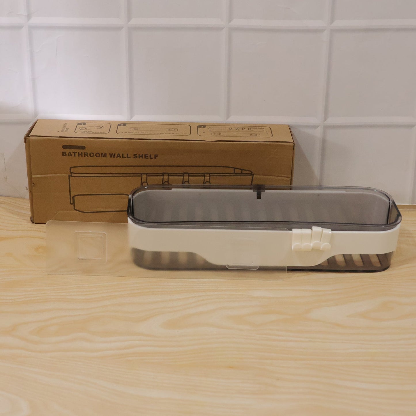 Installation perspective of transparent bathroom wall shelf