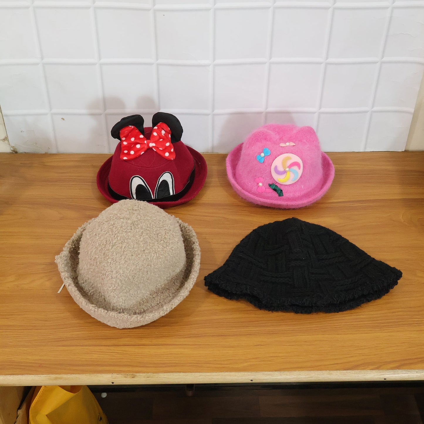 Bucket cap worn outdoors in winter