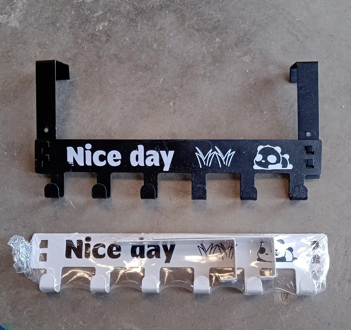 Heavy-duty 6-hook over door hook rack with panda design shown in its packaging.