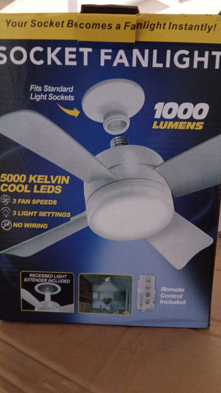 Room setup showing ceiling fan and LED light in use