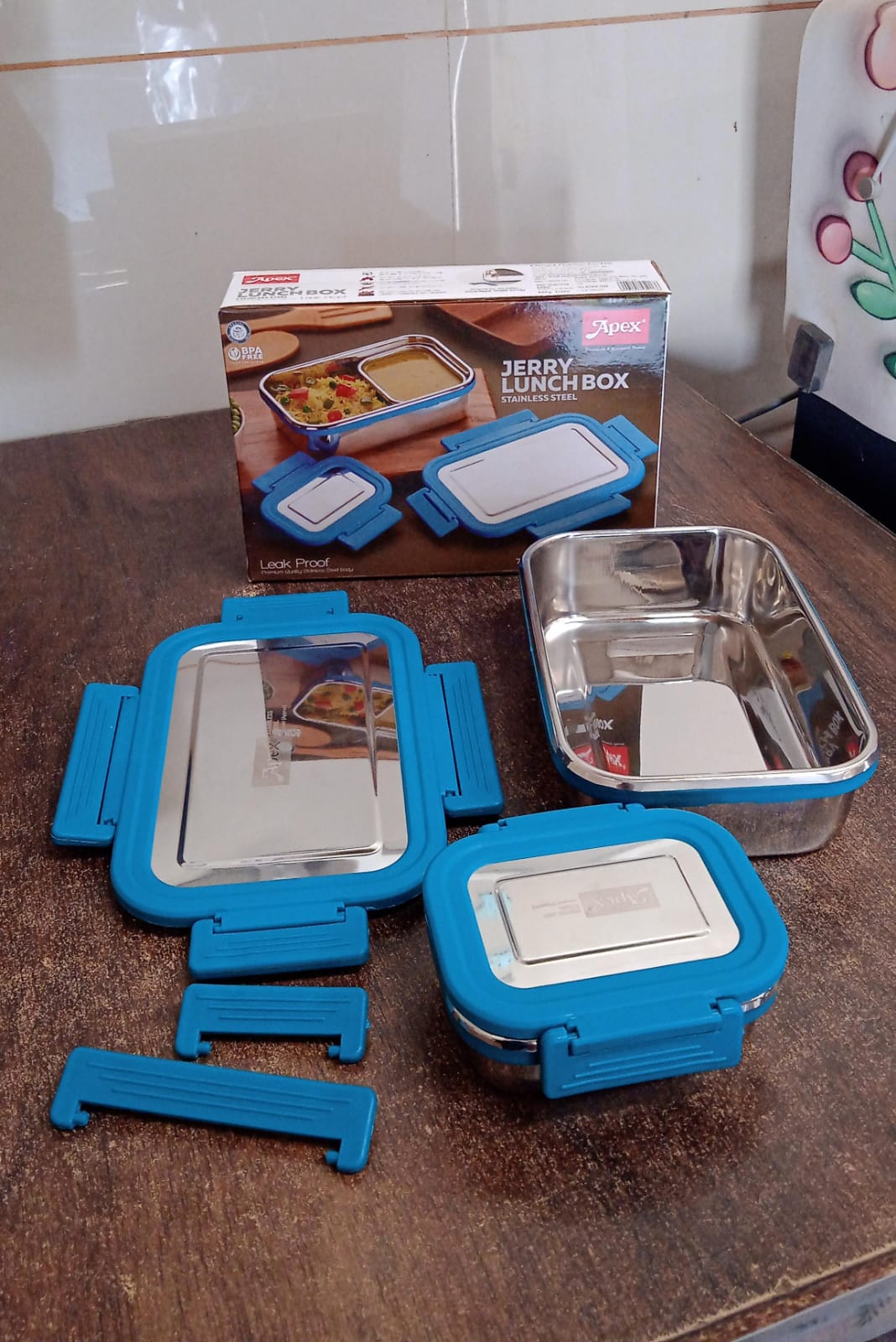 Angled view of stainless steel Apex Jerry Lunch Box 2Pc set