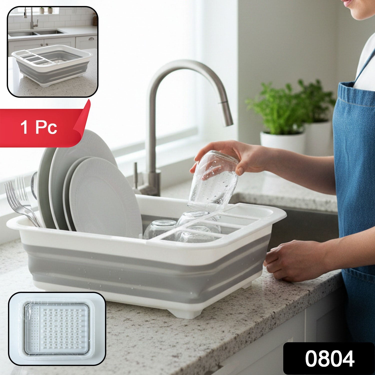 Foldable plastic dish drying rack with compartments for dishes and utensils