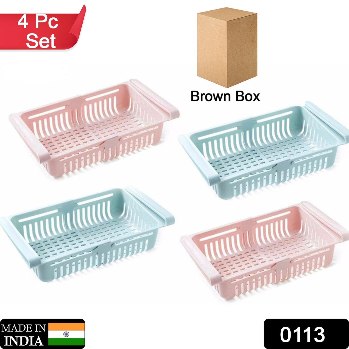 Complete 4-piece set of transparent fridge storage baskets, ready for use.