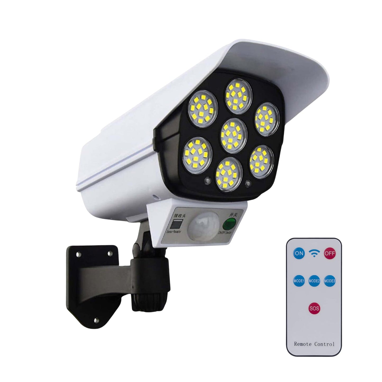 Motion-activated solar security camera light illuminating a dark outdoor area.