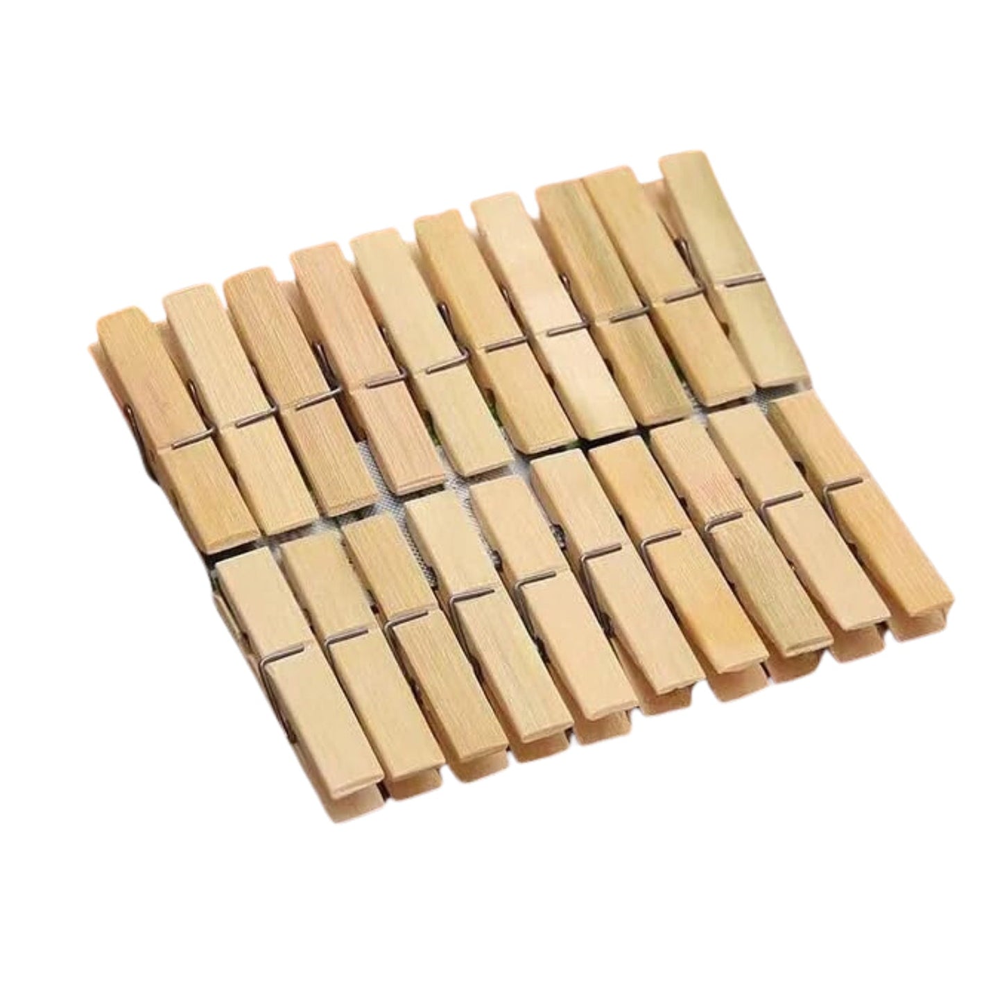 A collection of natural wooden craft clips artfully displayed on a rustic surface.