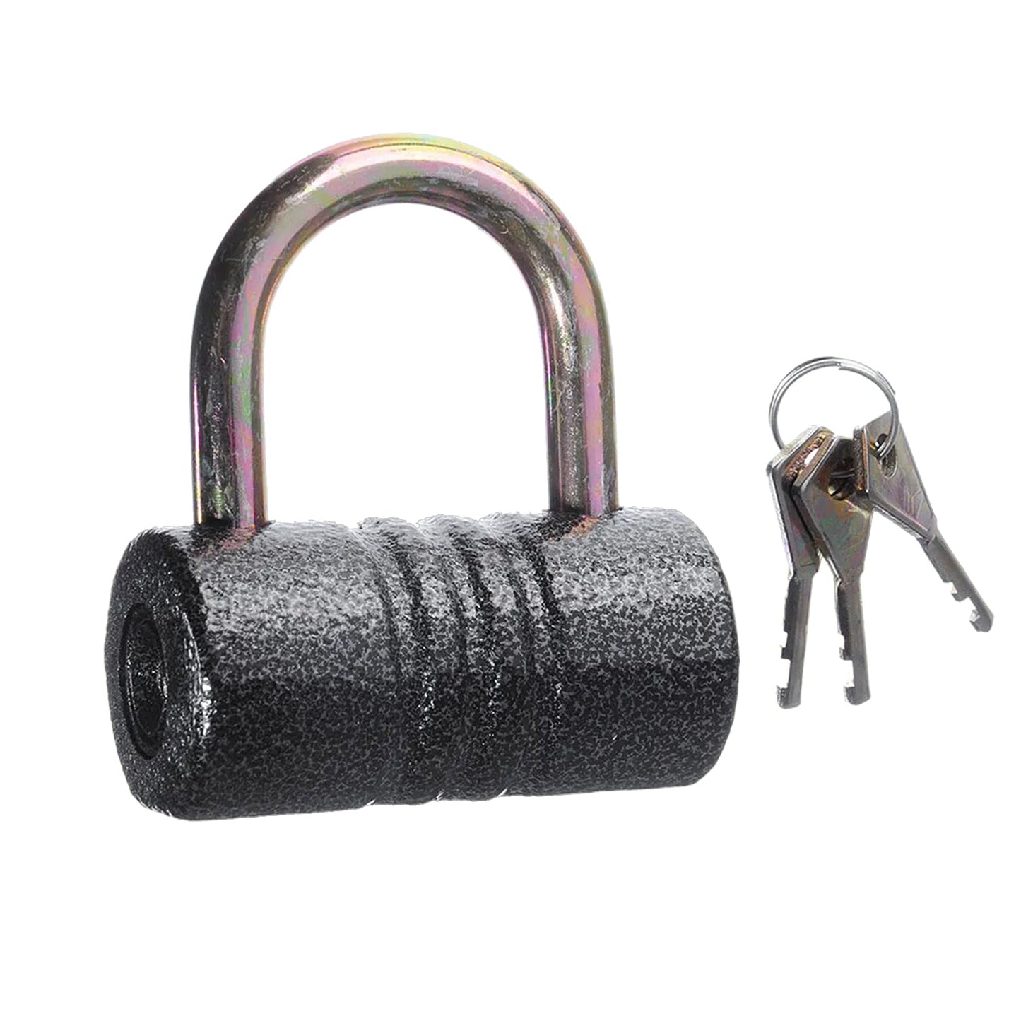Hand holding the 82mm iron padlock, demonstrating its size for security applications.