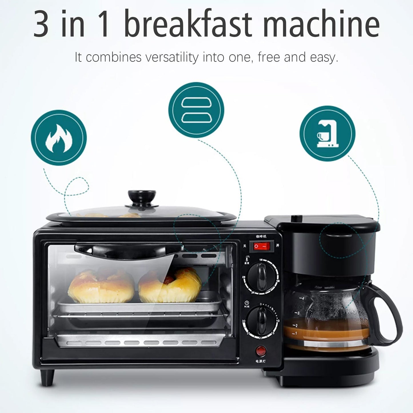 Packaging box for the 3-in-1 Breakfast Maker with product features.