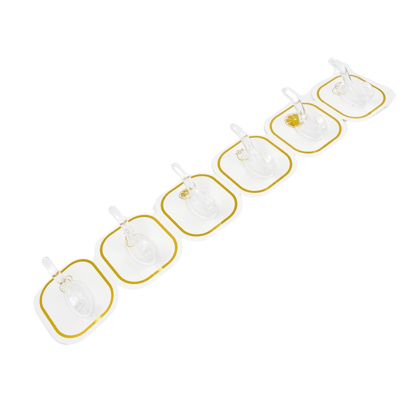 Packaging of the 6-piece transparent adhesive hook set, highlighting its key features.