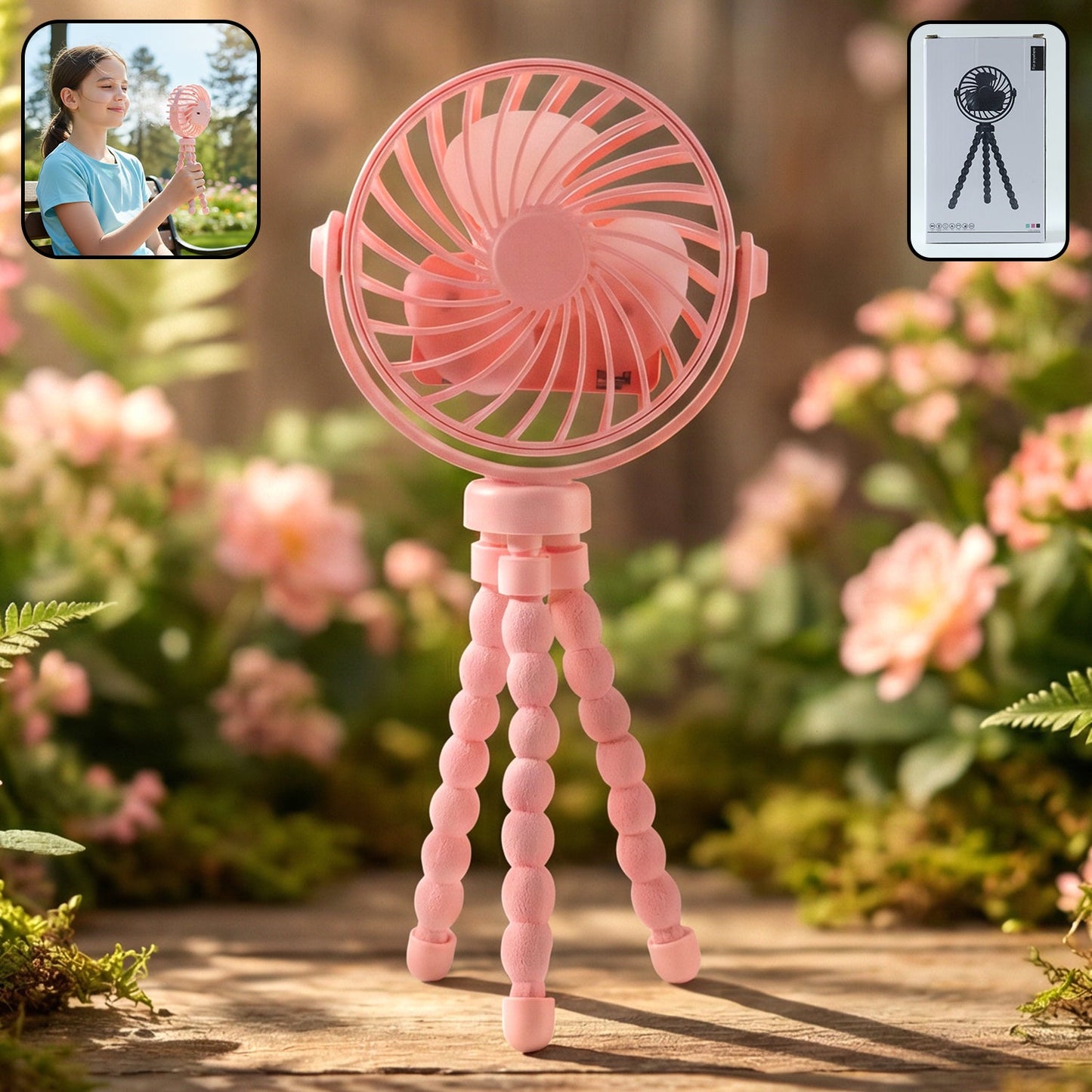 Rechargeable portable LED fan with flexible tripod stand on a wooden desk