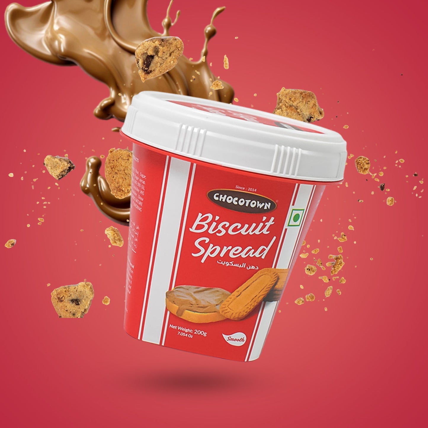 Chocotown Caramelised Biscuit Spread in a jar, showcasing its smooth, creamy texture.