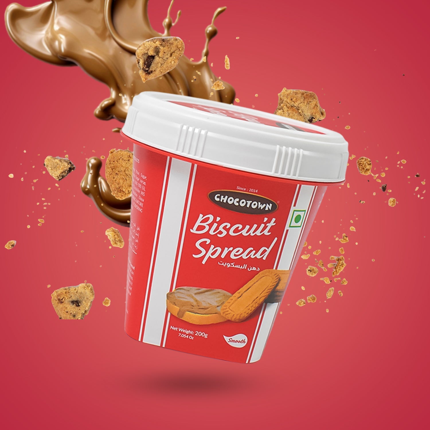 Chocotown Caramelised Biscuit Spread in a jar, showcasing its smooth, creamy texture.