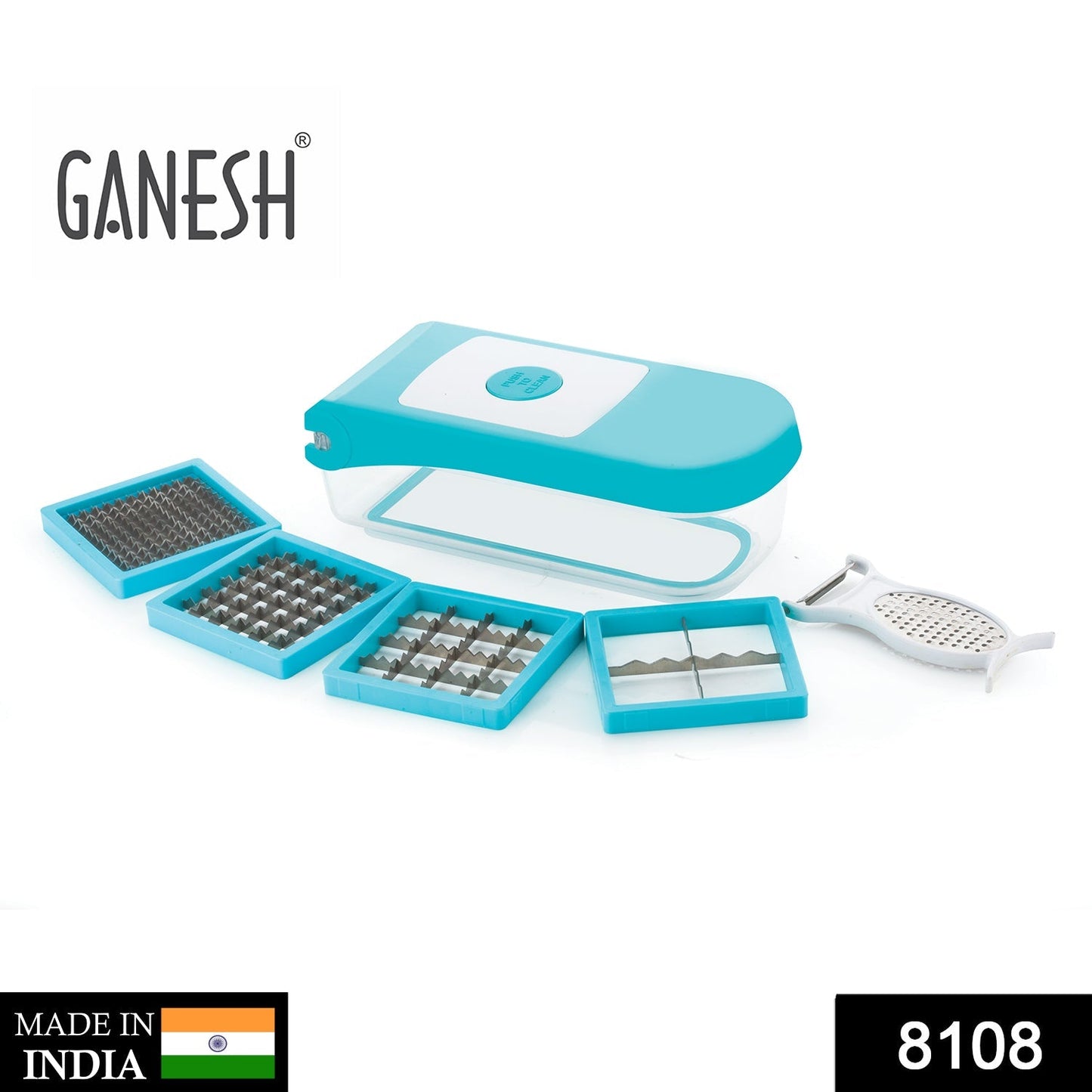 Top-down view of the blue Ganesh 7-in-1 vegetable dicer with its container.