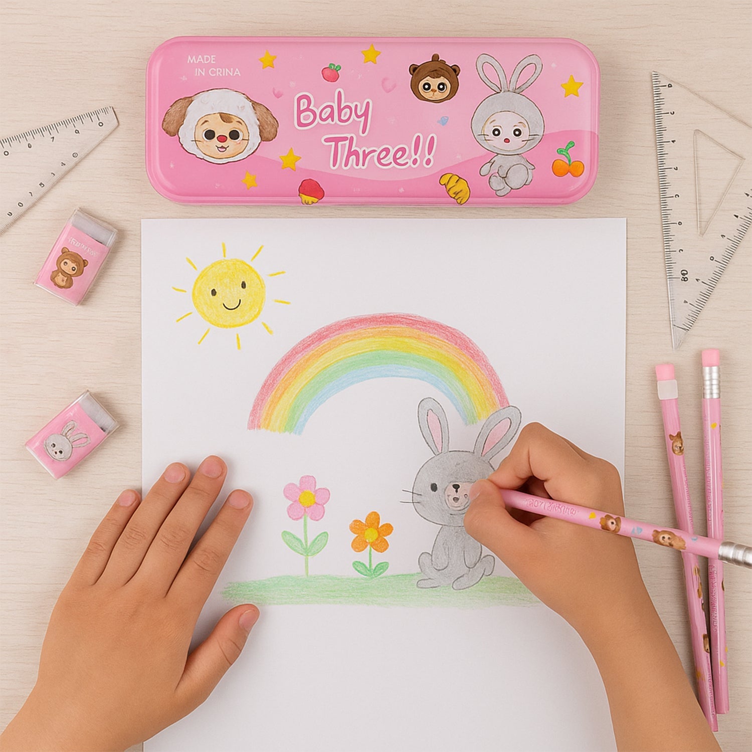 Metal pencil box with cartoon design, part of children’s stationery gift set