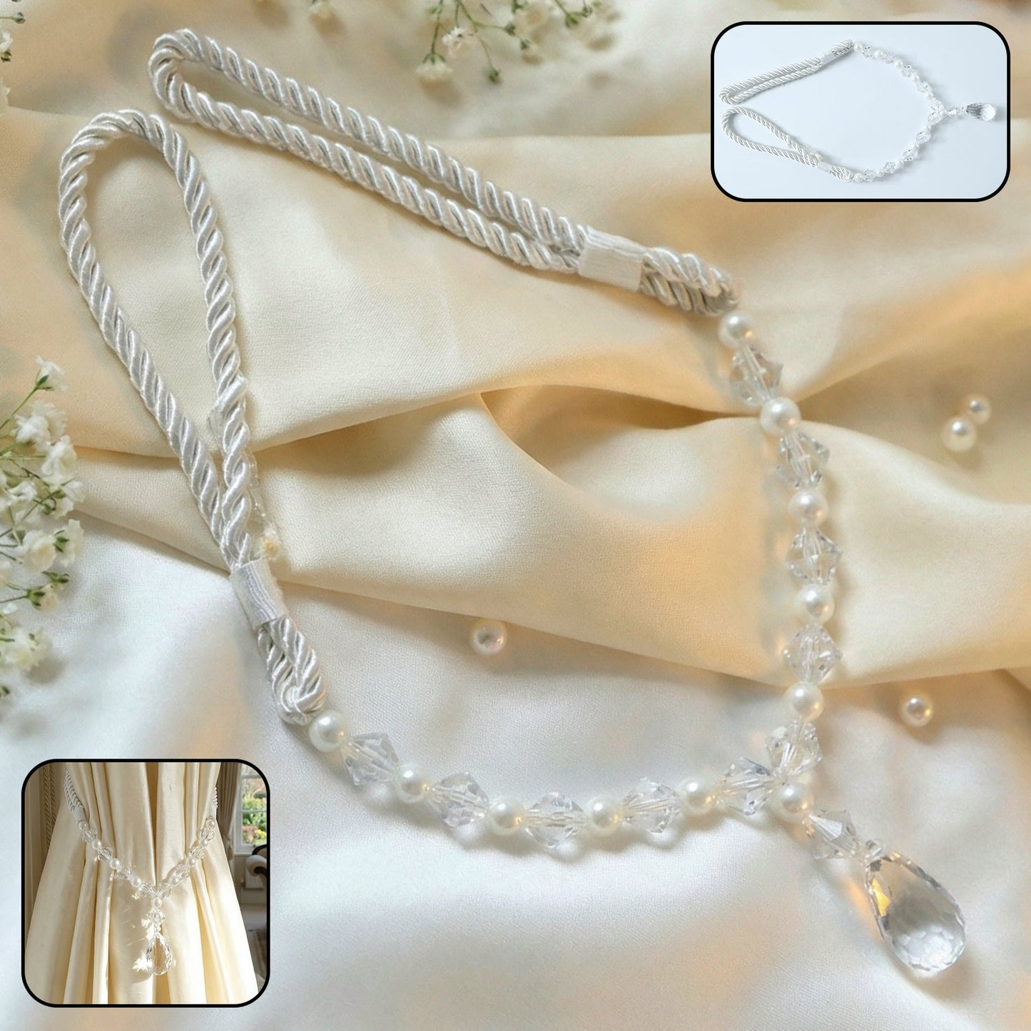 Luxury crystal pearl beaded curtain tieback with teardrop pendant